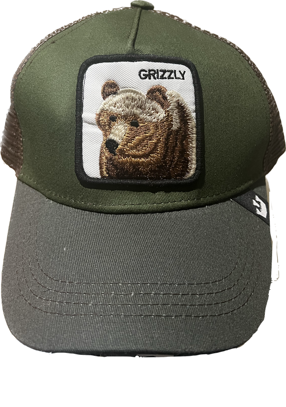 Grizzly Bear  Retro Trucker 2-Tone Pull Patch Hat By Snapback - Army Green  and Brown