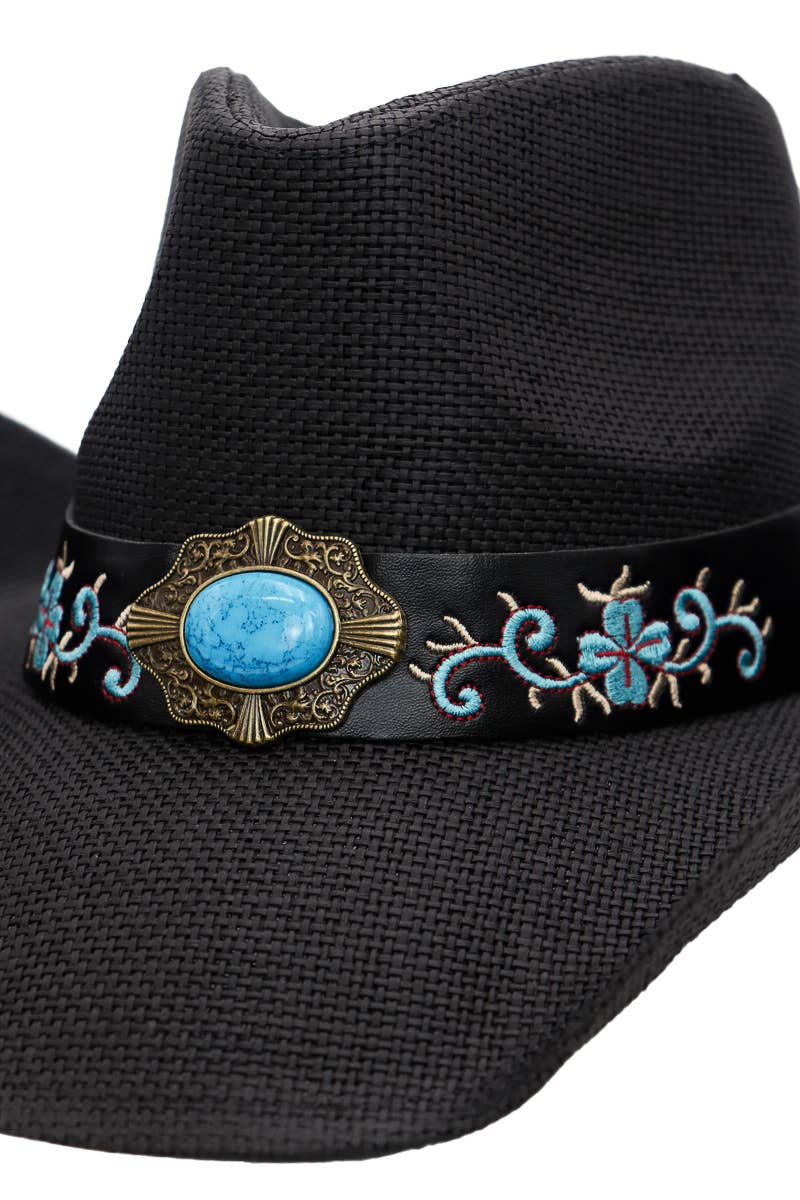 Turquoise Concho Belt Hard Shell Straw Cowboy Hat