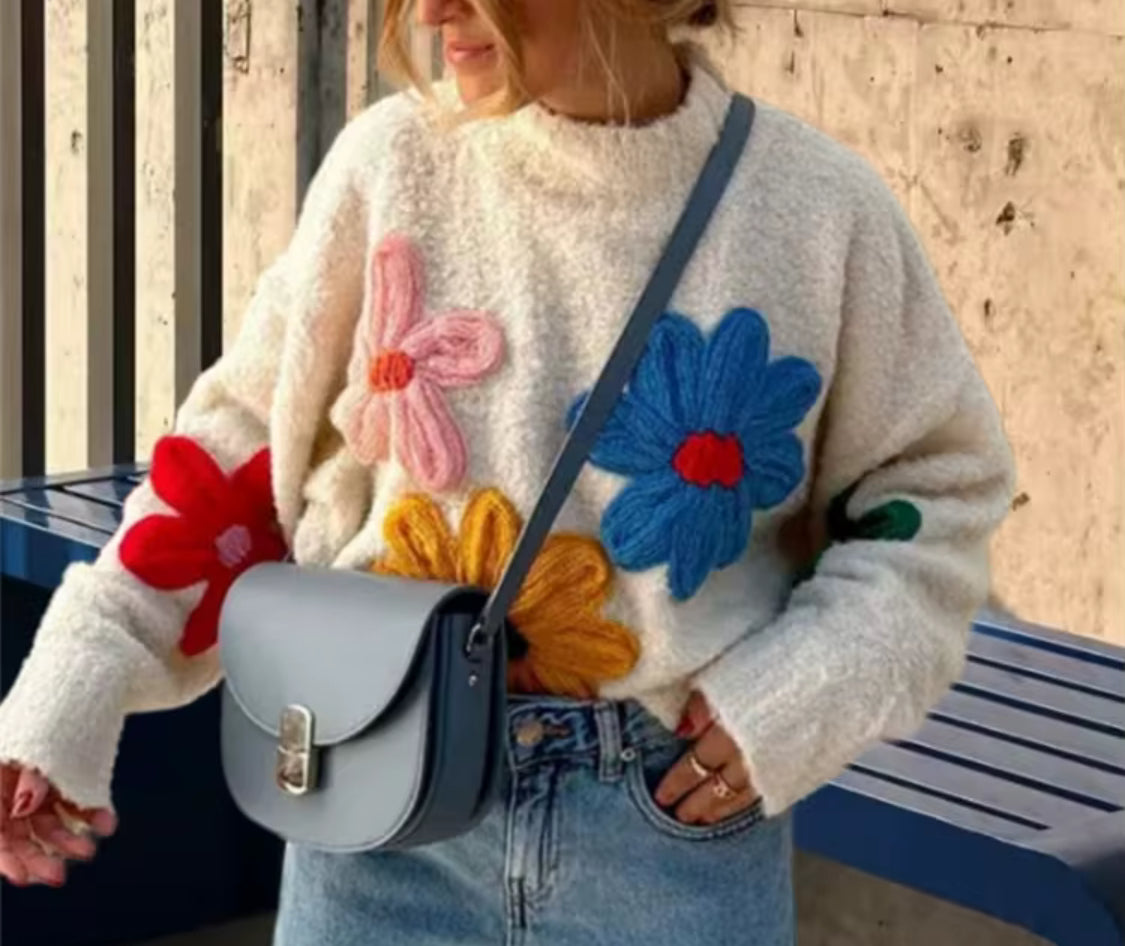 Cream Cable Knit Flower Sweater