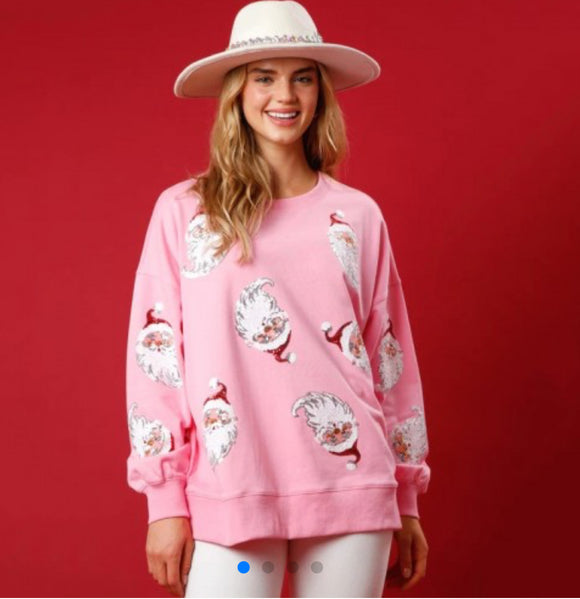 Sequin Santa Pink Crew Sweater