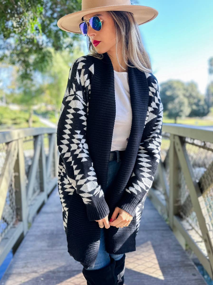 Black Aztec Printed Lightweight Cardigan with Pockets
