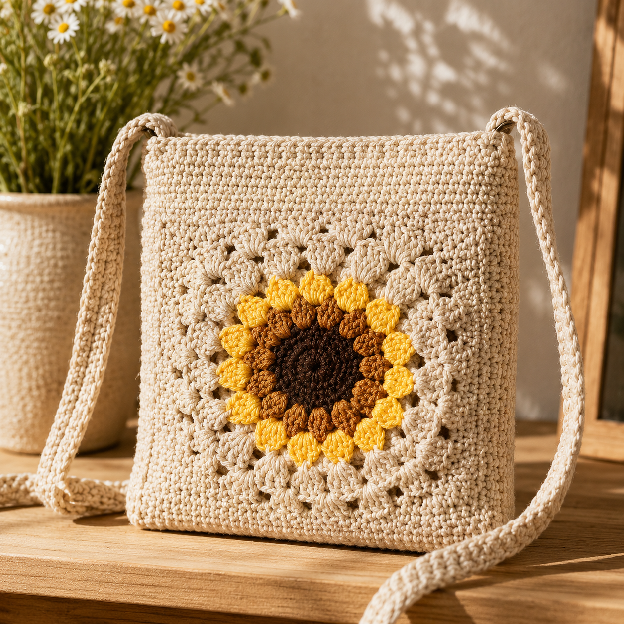 Sunflower Bloom Crochet Crossbody Purse – Natural Cream / Sage Green