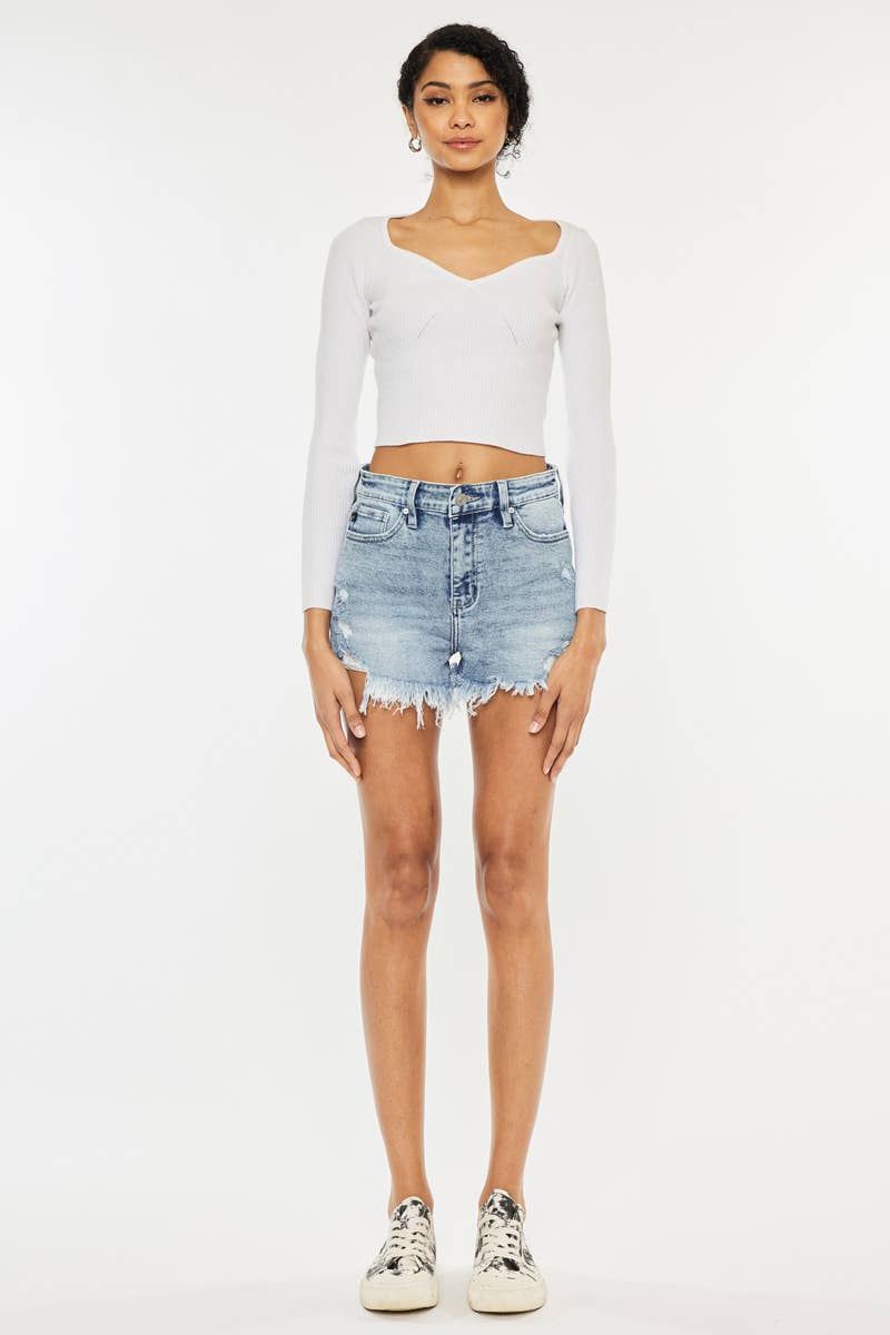 HIGH RISE FRAY HEM DENIM SHORTS