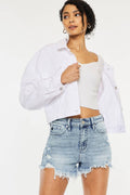 HIGH RISE FRAY HEM DENIM SHORTS