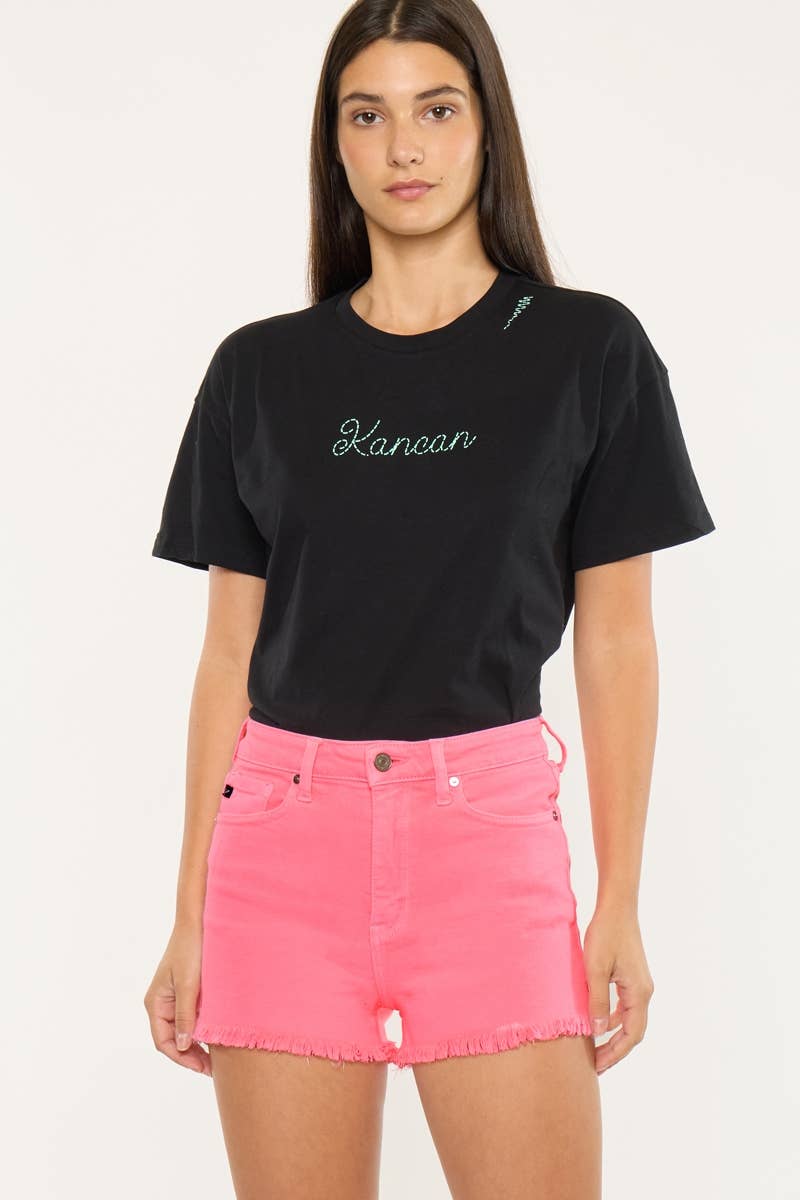 HIGH RISE NEON PINK DENIM SHORTS