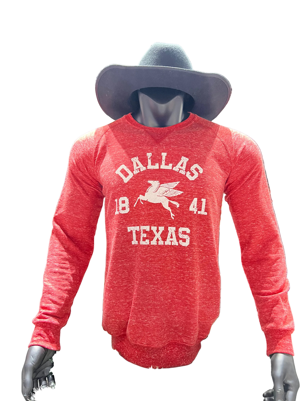 Dallas Texas 1841 Pegasus Red Snow Heather French Terry Crew Fleece Sweater