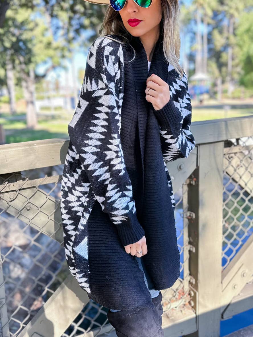 Black Aztec Printed Lightweight Cardigan with Pockets