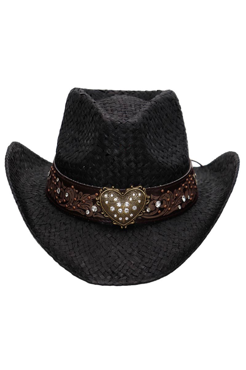 Heart Bling Rhinestone Belt Ombre Straw Cowboy Hat