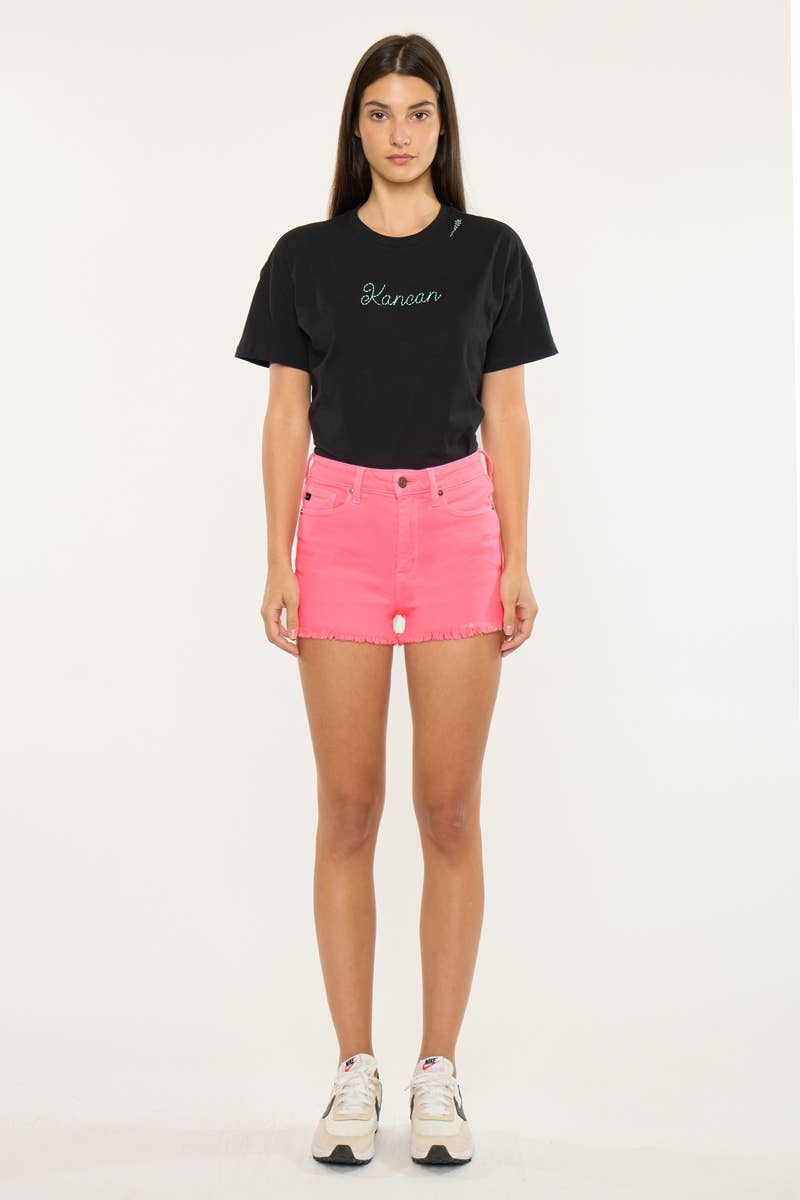 HIGH RISE NEON PINK DENIM SHORTS