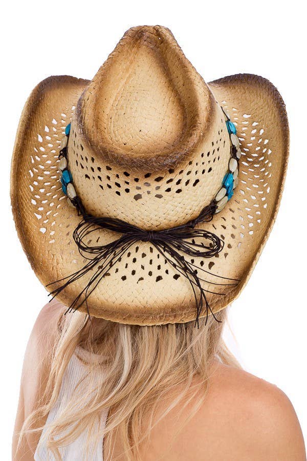 Beaded Charm Banded Natural Straw Cow Boy Hat: AS SHOWN / ONE SIZE