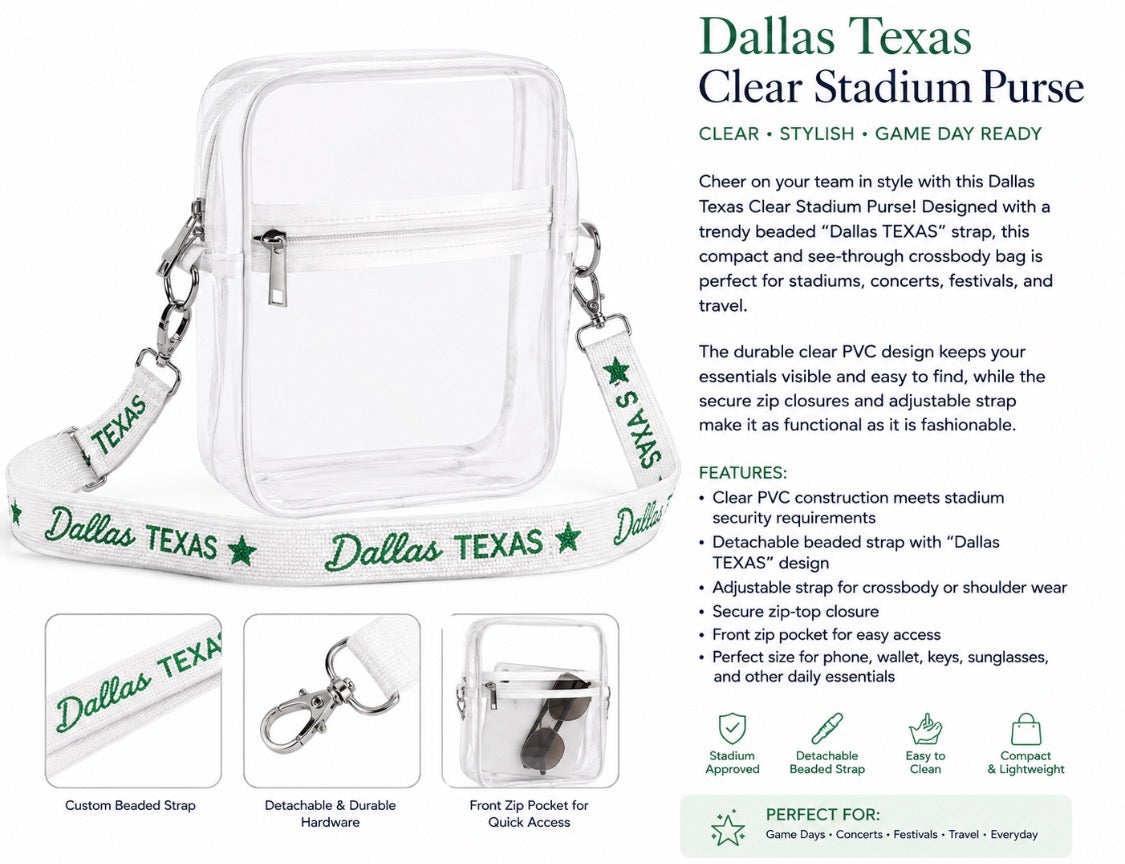 Dallas Texas Green Beaded Strap Clear Stadium Crossbody Purse