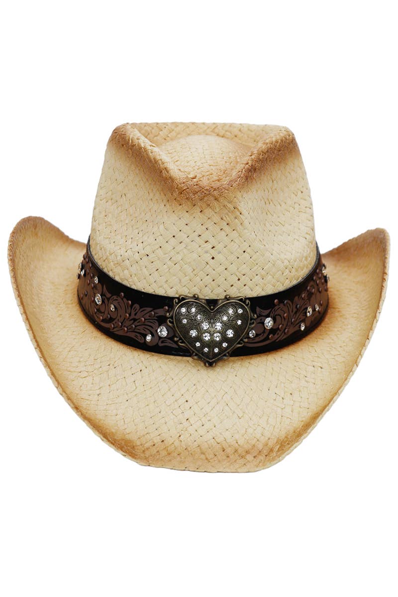Heart Bling Rhinestone Belt Ombre Straw Cowboy Hat