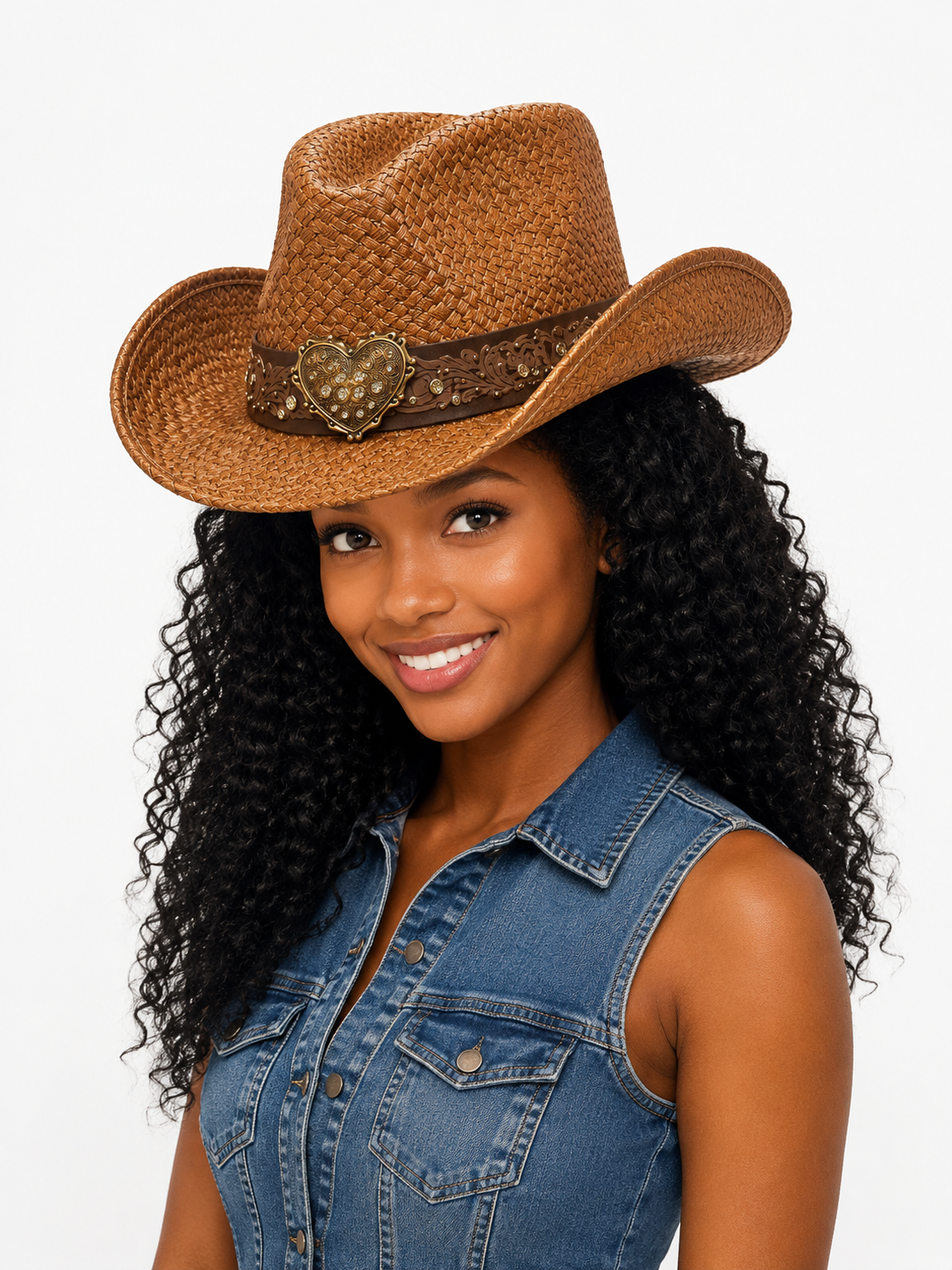 Heart Bling Rhinestone Belt Ombre Straw Cowboy Hat