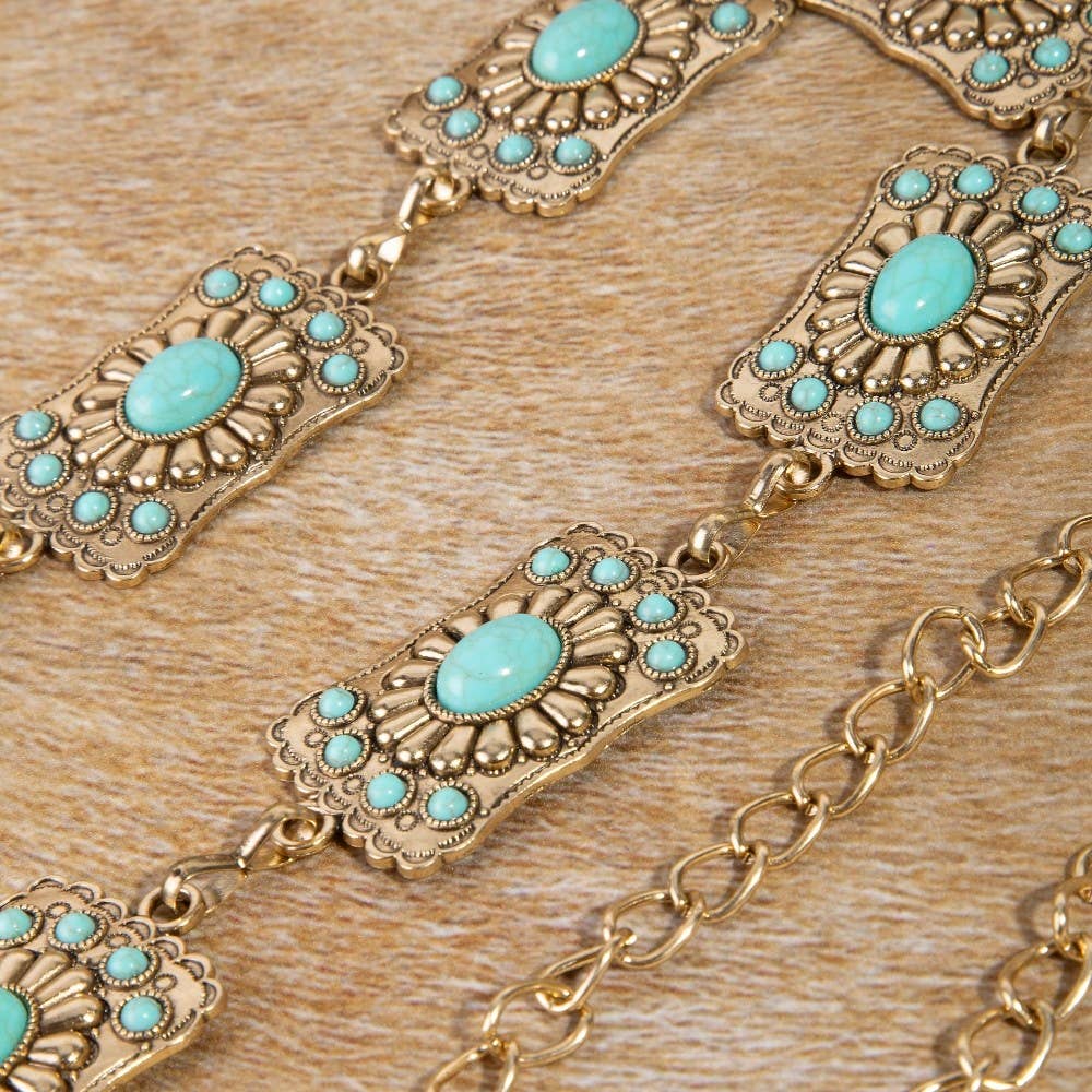 Turquoise Stone Detail Western Concho Chain Belt