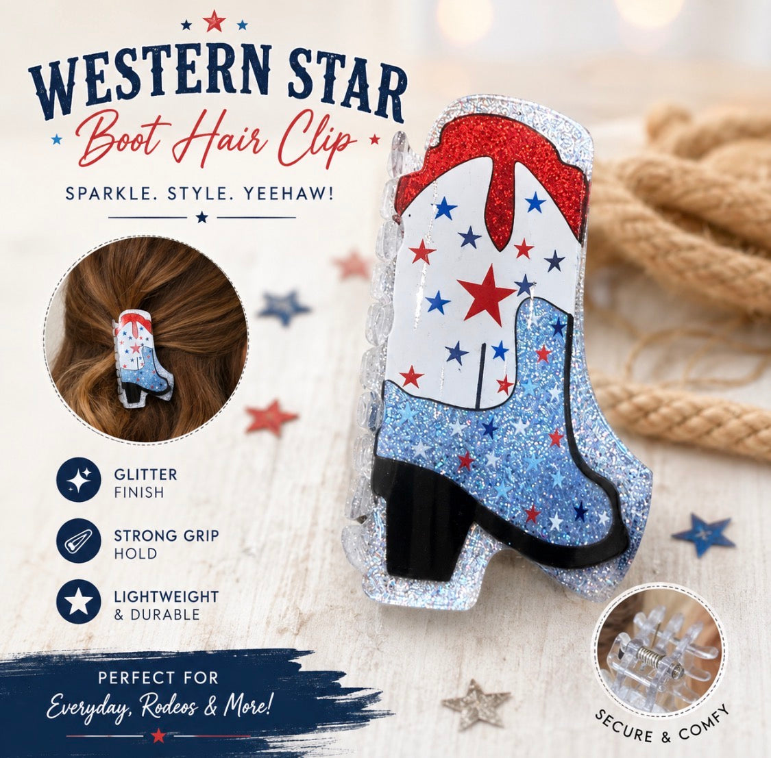 Western Star Glitter Cowboy Boot Hair Clip