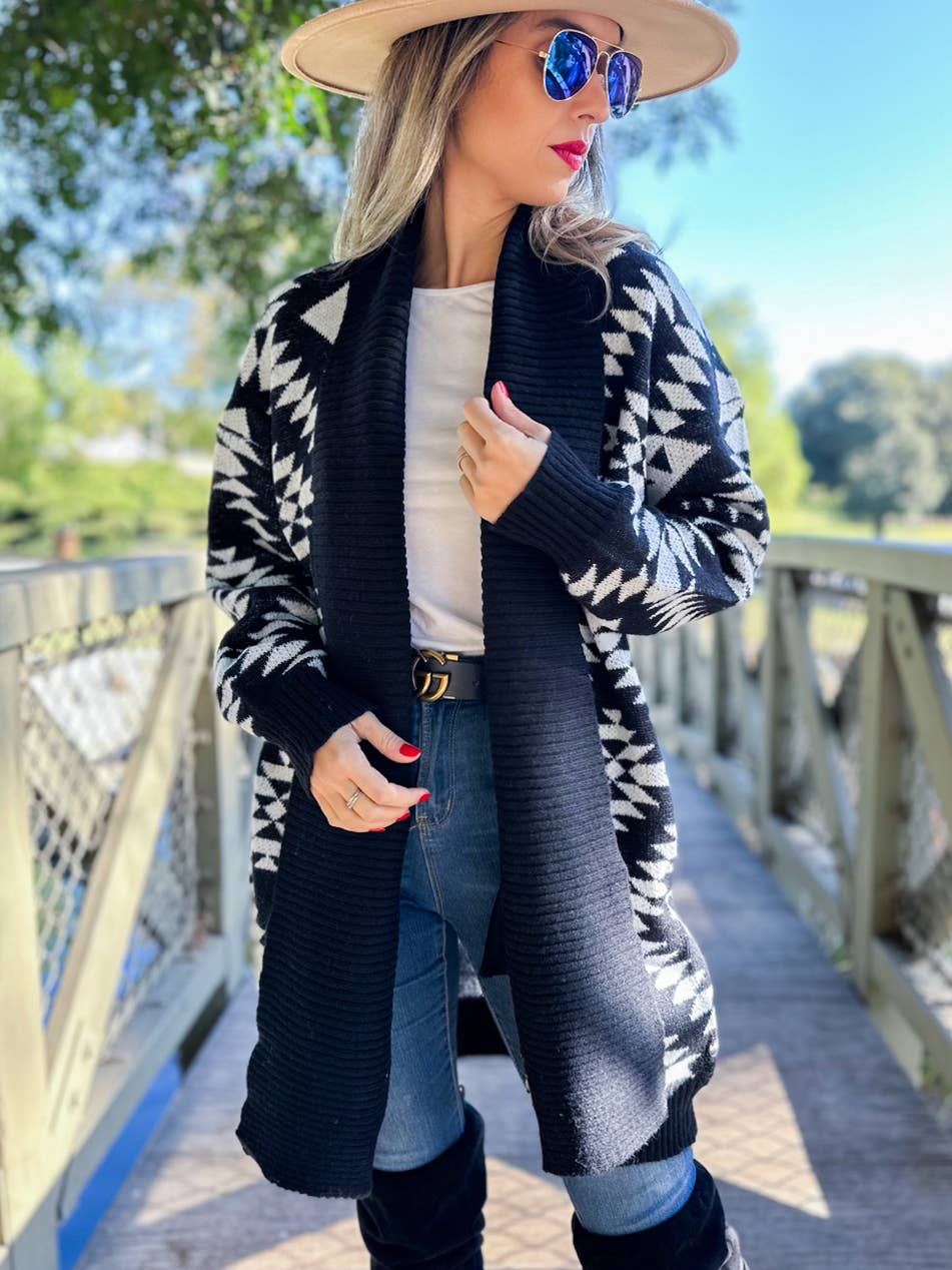 Black Aztec Printed Lightweight Cardigan with Pockets