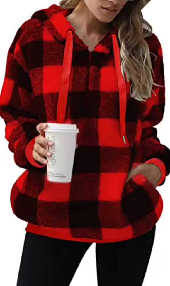 Red black, buffalo plaid Sherpa Hoodie