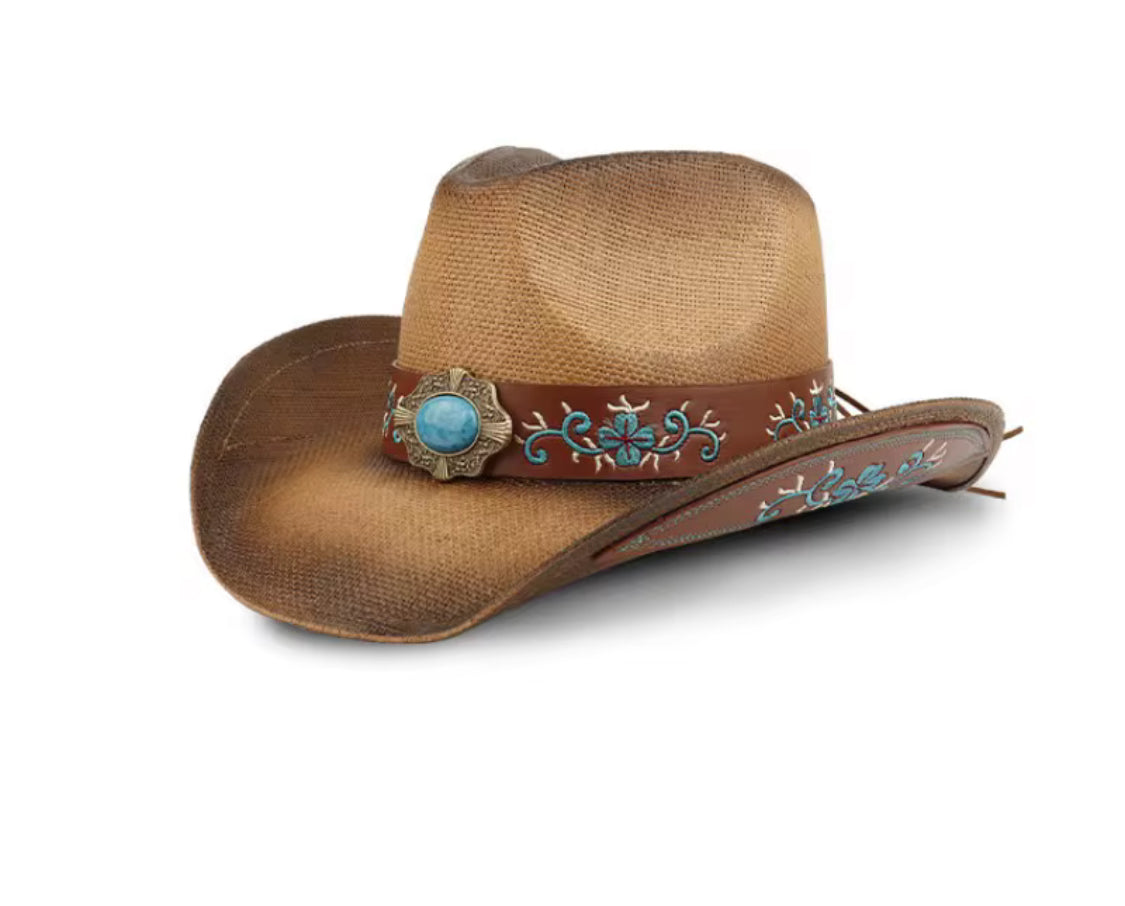 Leather floral design Cowboy Hat Turquose