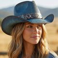 Vintage Straw Cowboy Hat With Rustic Pattern Band