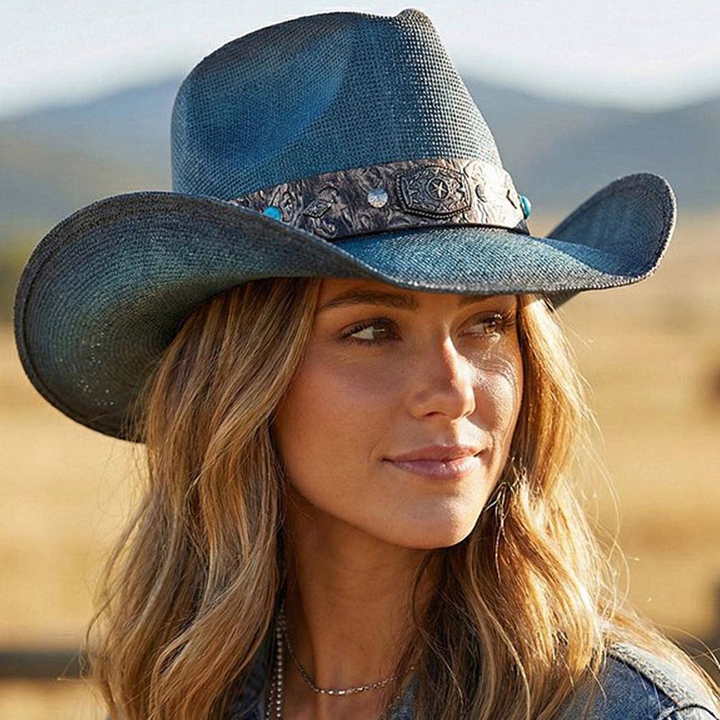 Vintage Straw Cowboy Hat With Rustic Pattern Band