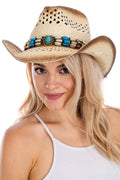 Beaded Charm Banded Natural Straw Cow Boy Hat: AS SHOWN / ONE SIZE