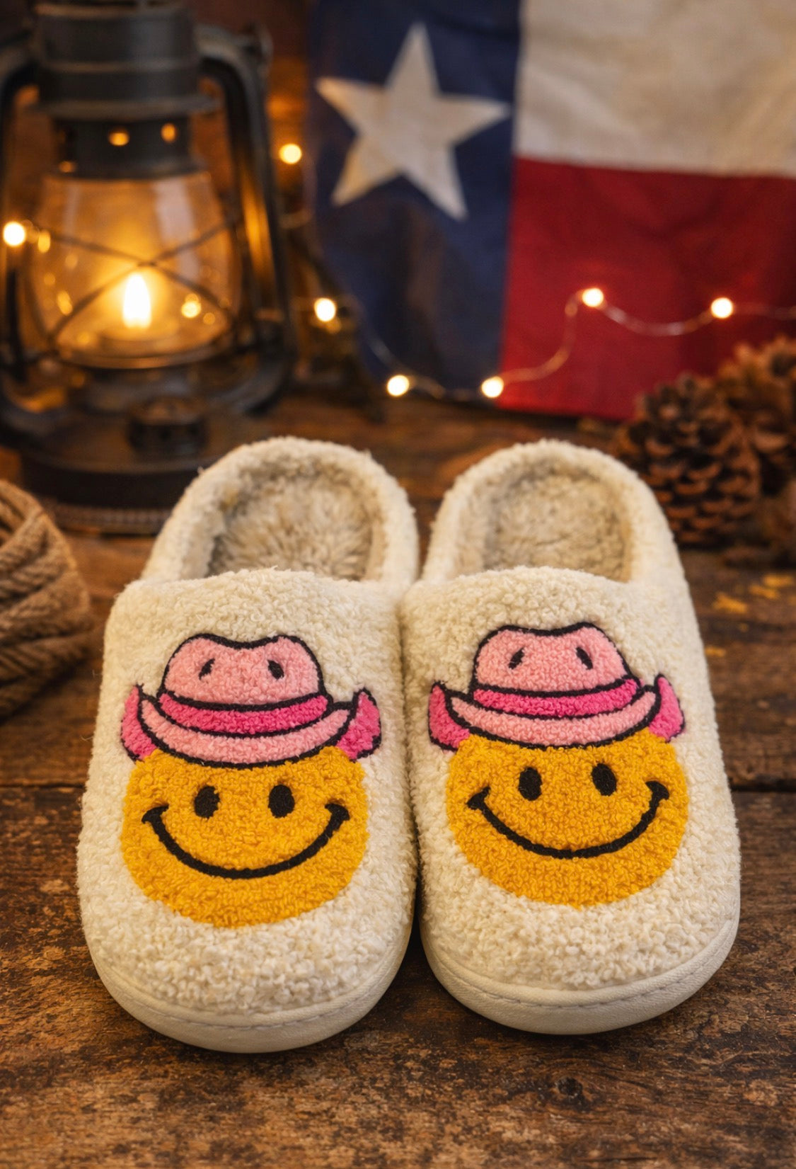 Texas Cowboy Smiley, Face Sherpa SLIPPERS