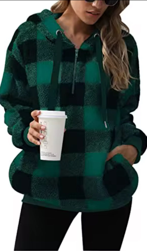 Green black, buffalo plaid Sherpa Hoodie