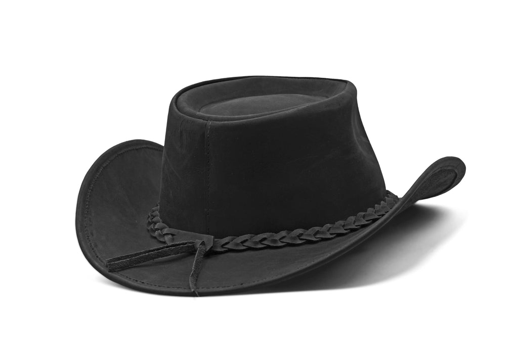 Unisex Black Shapeable Western Leather Outback Cowboy Hat