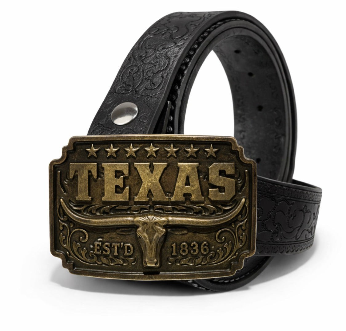 Icon Texas, Bronze buckle Genuine black Leather Belt