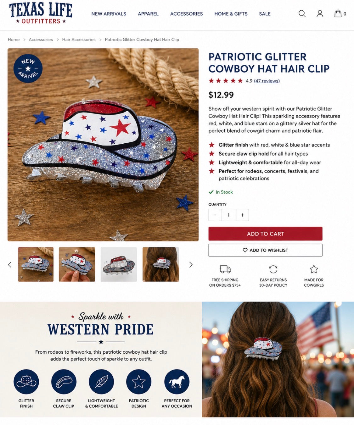 Western Star Glitter Cowboy Hat Hair Clip