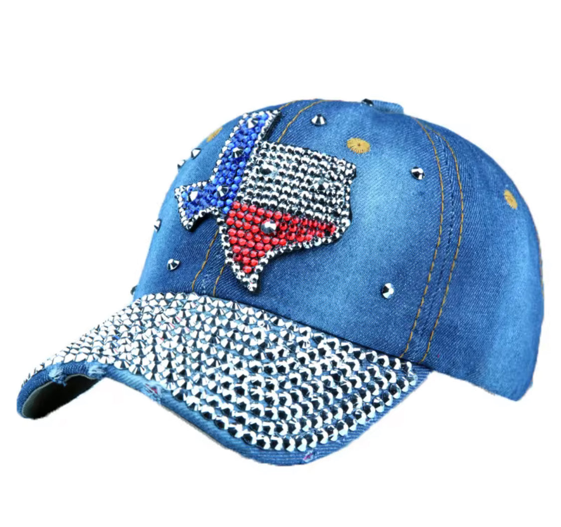 TEXAS State Shaped Bling EMBROIDERED STUDDED BASEBALL CAP