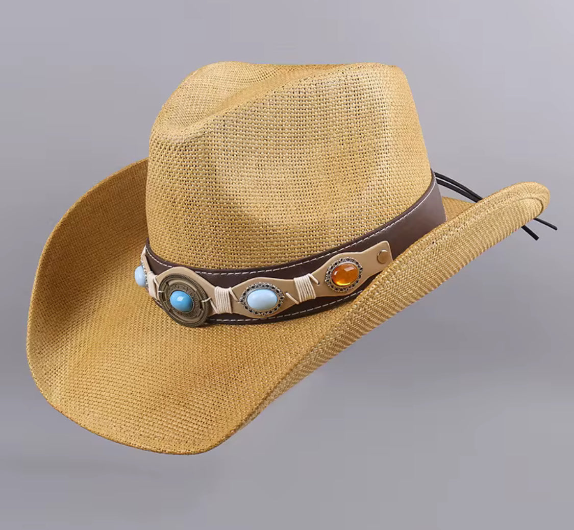 Turquoise button tan Cowboy Hat