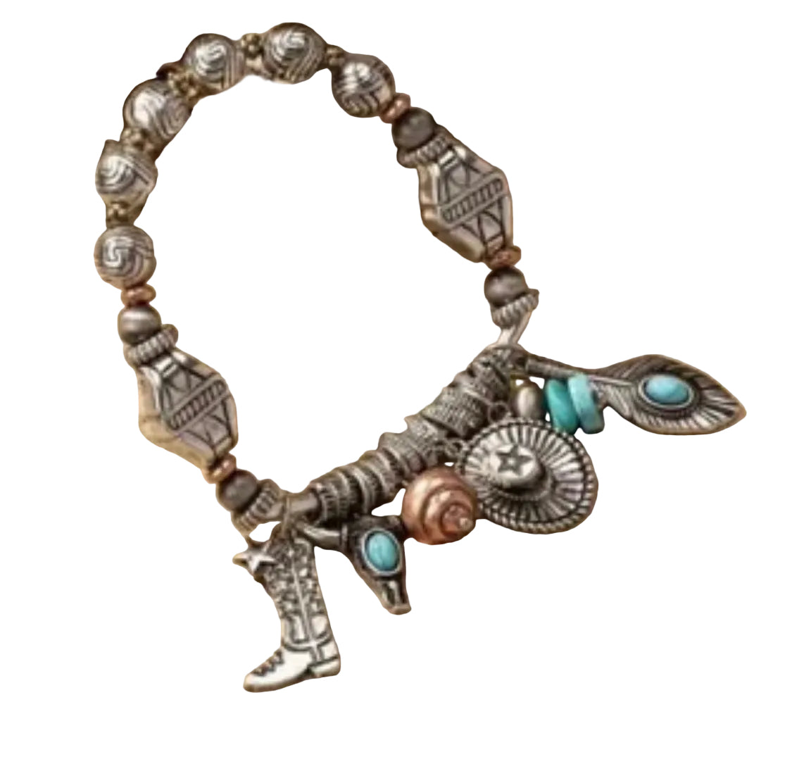 Trendy Western Cowgirl Aztec Turquoise
Bracelets Vintage Sliver Charm Cowboy Hat Boots Bull Charm Chain Link Bracelet
