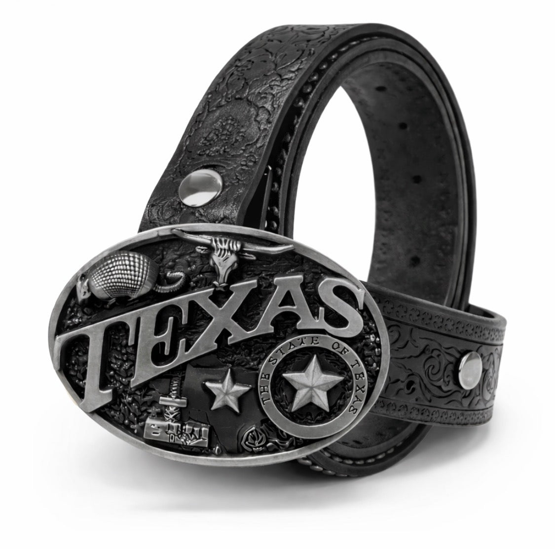 Icon Texas, silver buckle Genuine black Leather Belt