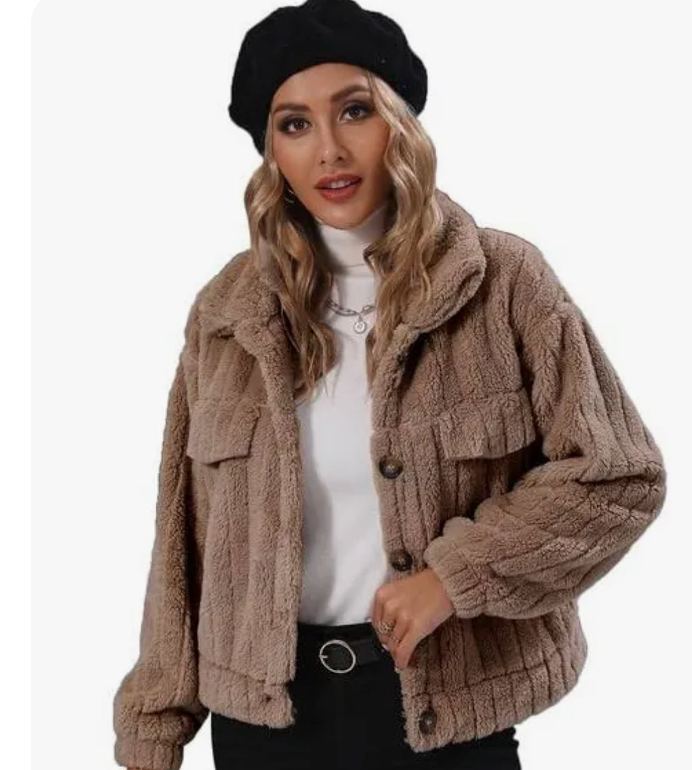 Tan Sherpa Cropped Button Jacket