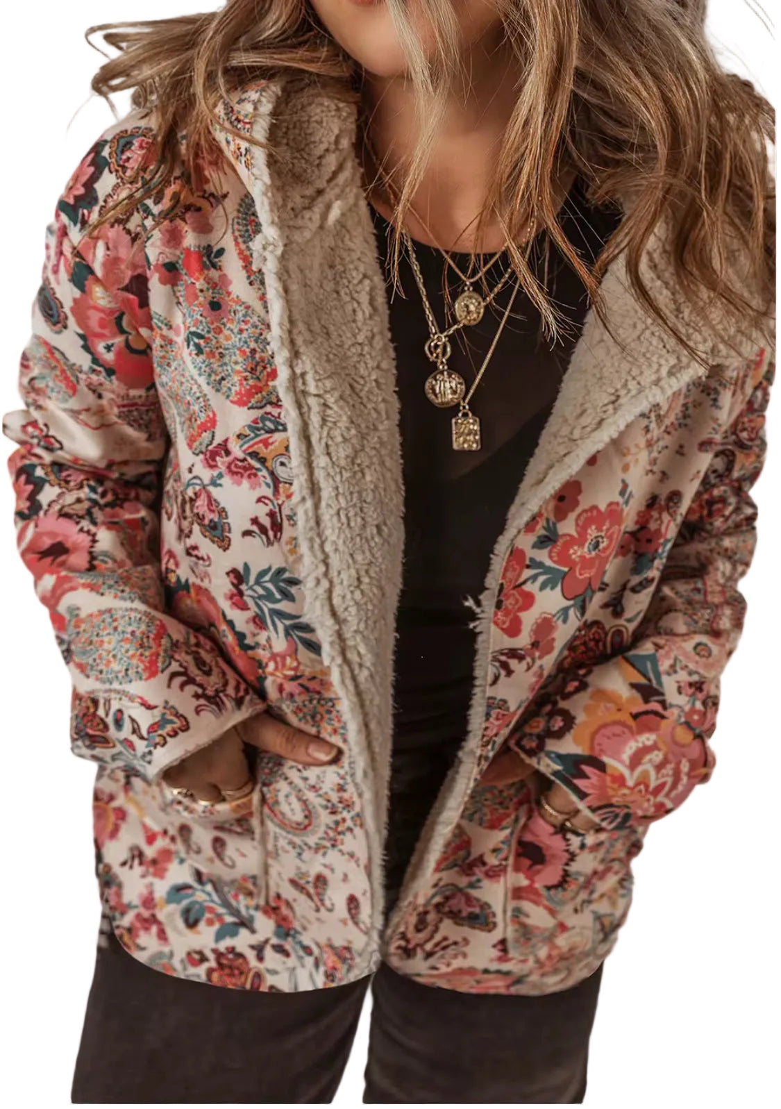 Vintage Paisley Floral Printed Sherpa Lined Hooded Jacket