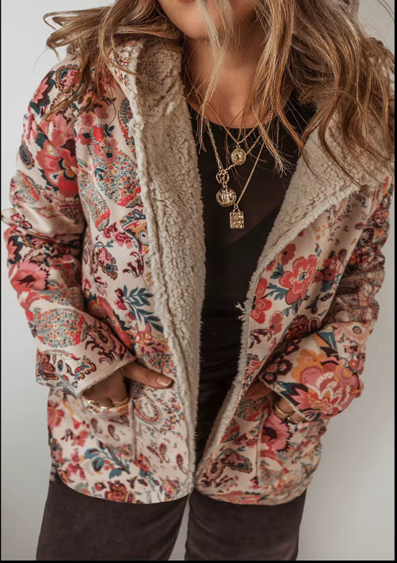 Vintage Paisley Floral Printed Sherpa Lined Hooded Jacket