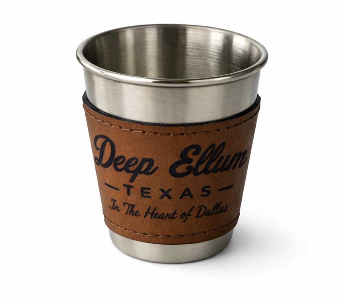 Deep Ellum Texas stainless steel and leather  Shot glass