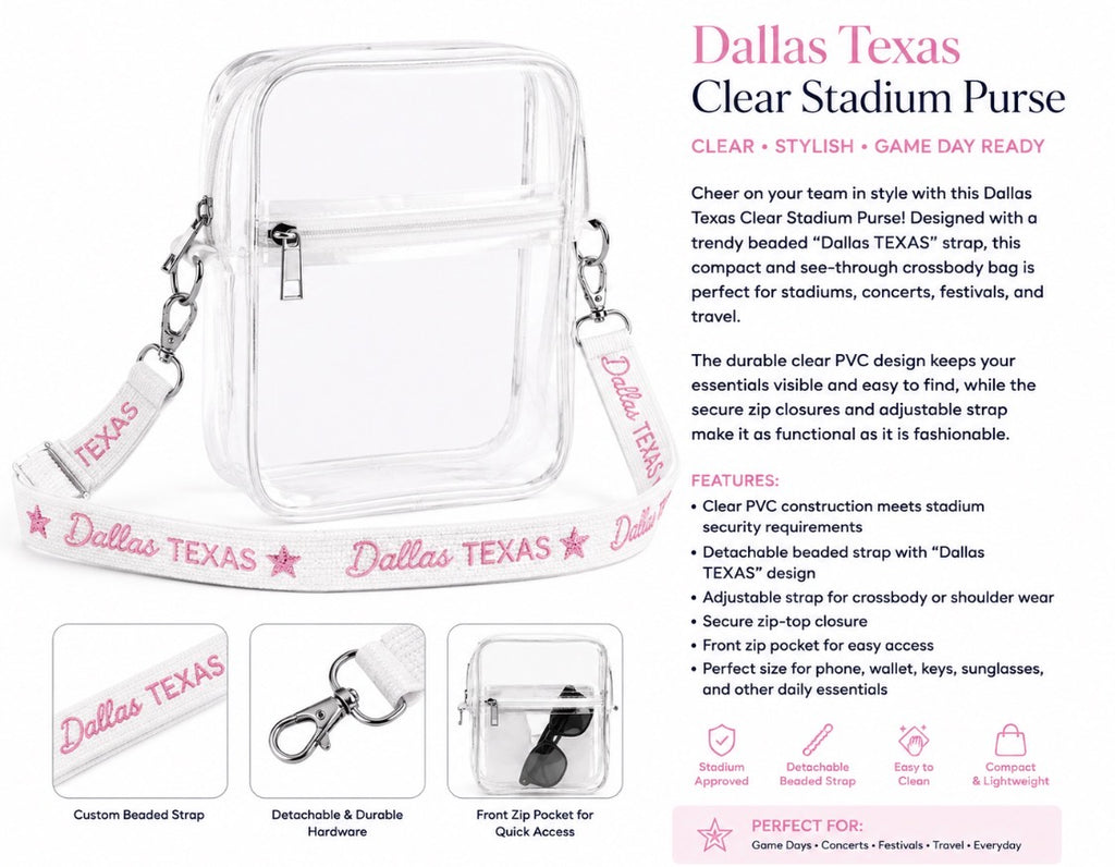 Dallas Texas Pink Beaded Strap Clear Stadium Crossbody Purse