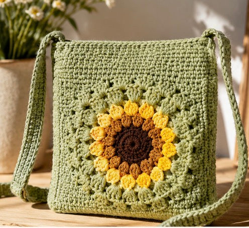 Sunflower Bloom Crochet Crossbody Purse – Natural Cream / Sage Green
