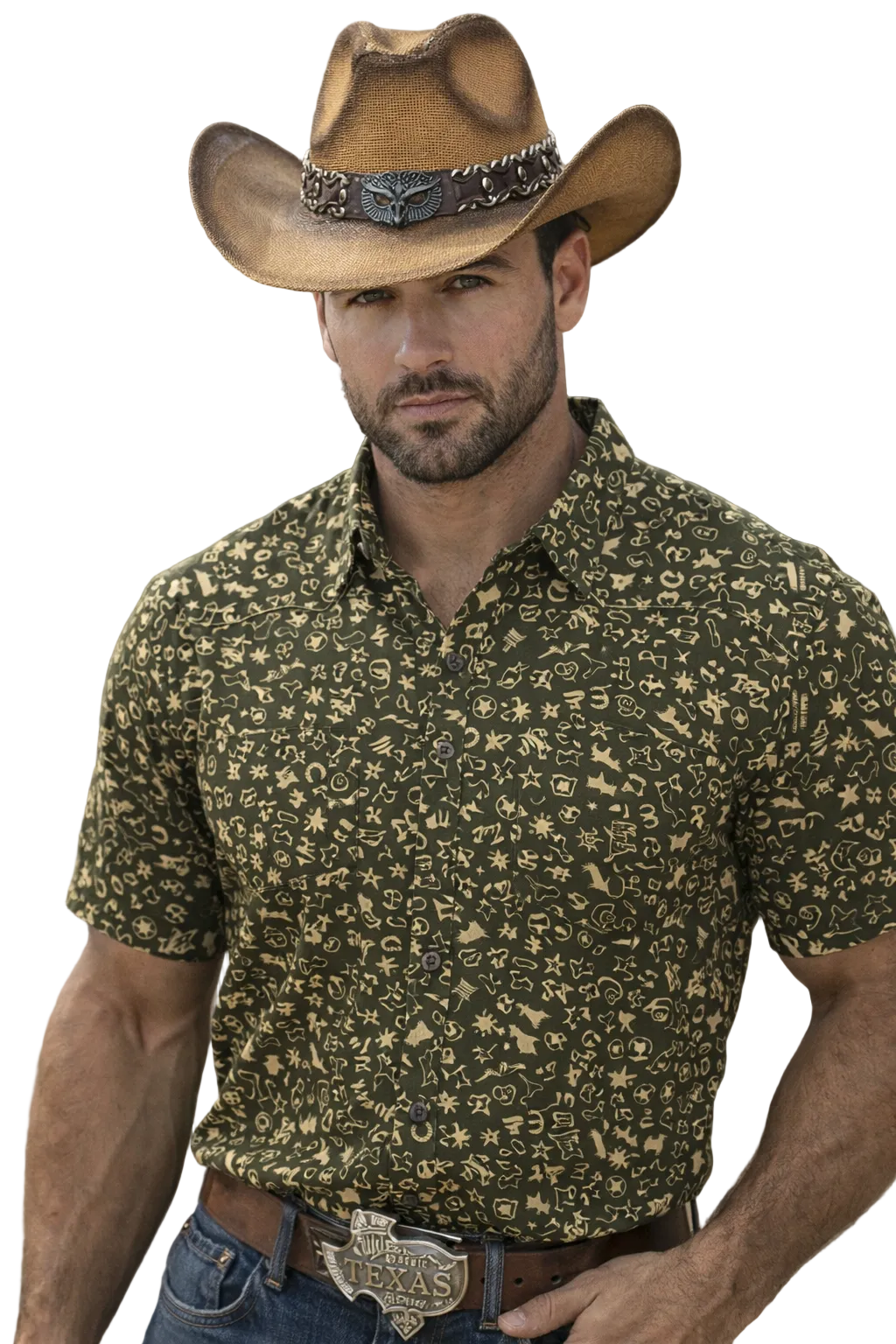 Icons of Texas Performance Button Up Sage Tan