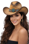 Turquoise Floral Concho Belt Hard Shell Straw Cowboy Hat