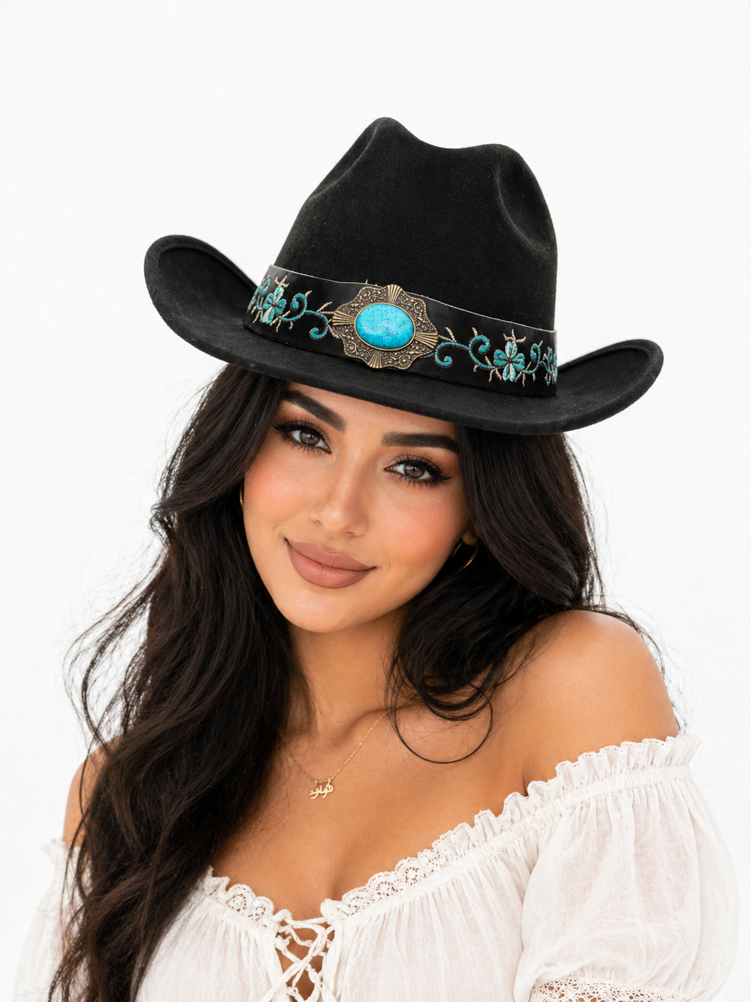 Western Felt Floral Turquoise Beaded Band Cowboy Hat
