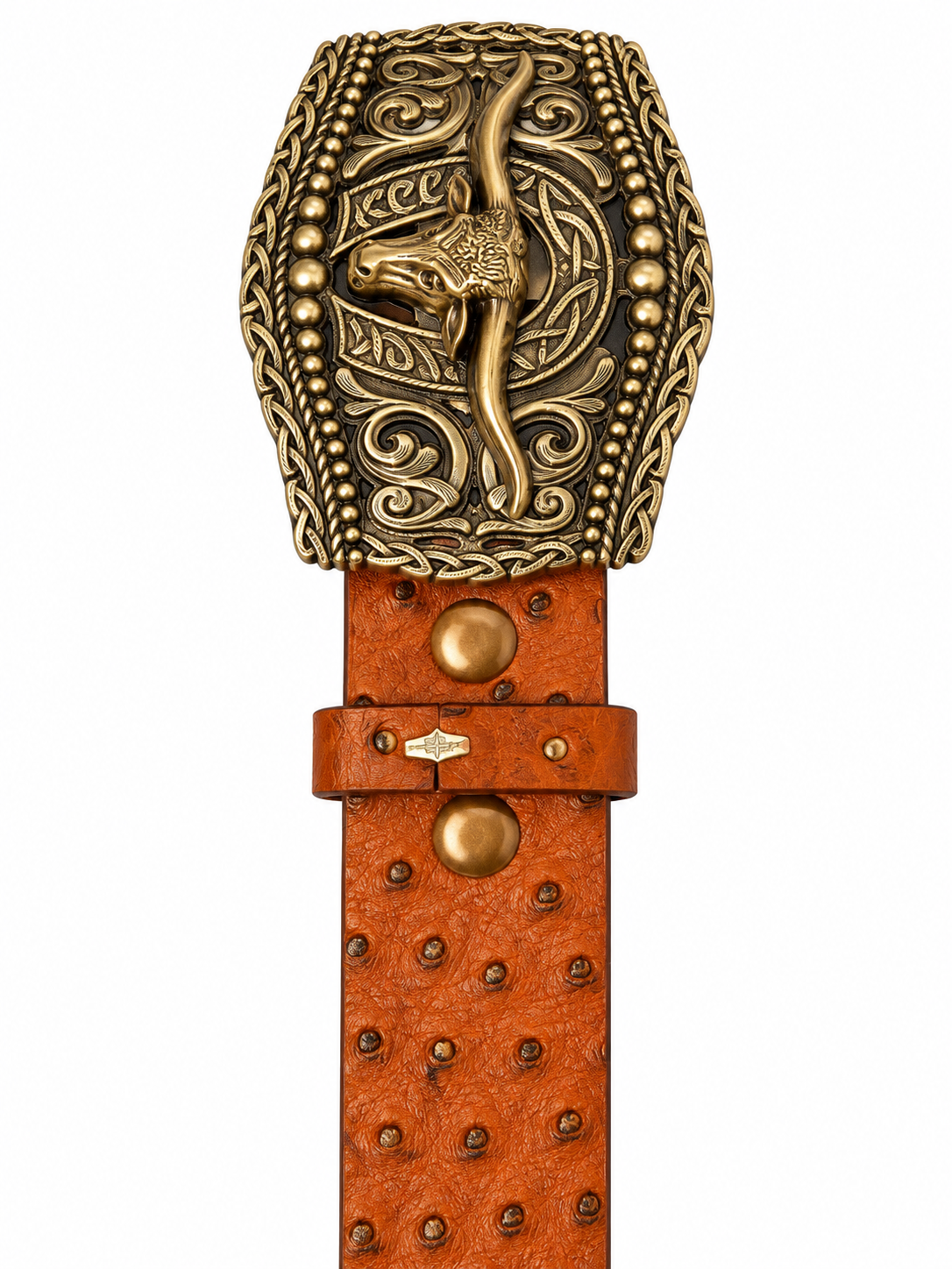 Copper Western Long Horn Buckle with Ostrich Belt
