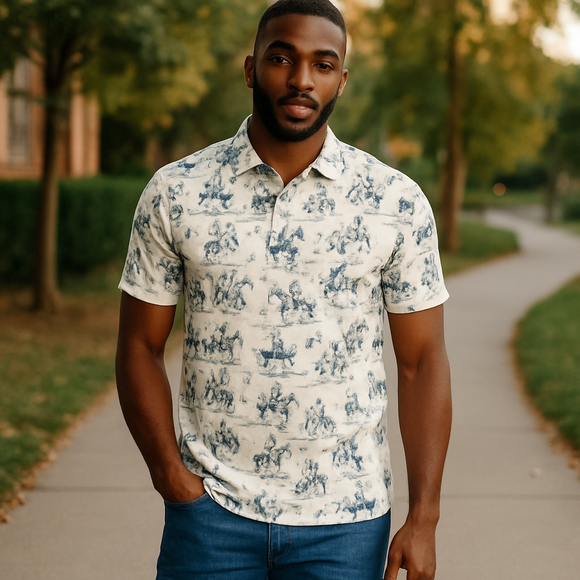 Texas Rodeo  Performance Polo Cream with Navy Cowboy Icons by Texas Life Outfitters