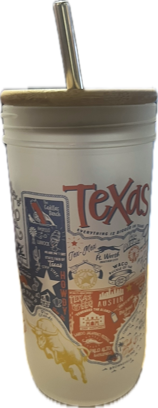 Texas  Map Can Glass 20 oz Bamboo Lid and Metal Straw
