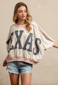WASHED DENIM TEXAS PATCHWORK OVERLOCK STITCH SHORT SLEEVES TOP