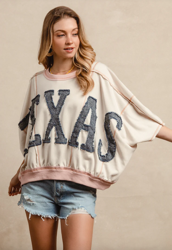 WASHED DENIM TEXAS PATCHWORK OVERLOCK STITCH SHORT SLEEVES TOP