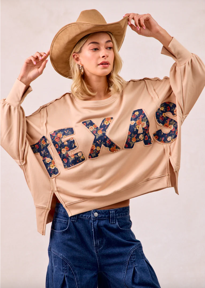 FLORAL TEXAS LETTER PATCHE FRENCH TERRY SWEATSHIRT