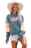 Y'all Denim Crew Sweatshirt with Pink Cream sleeves